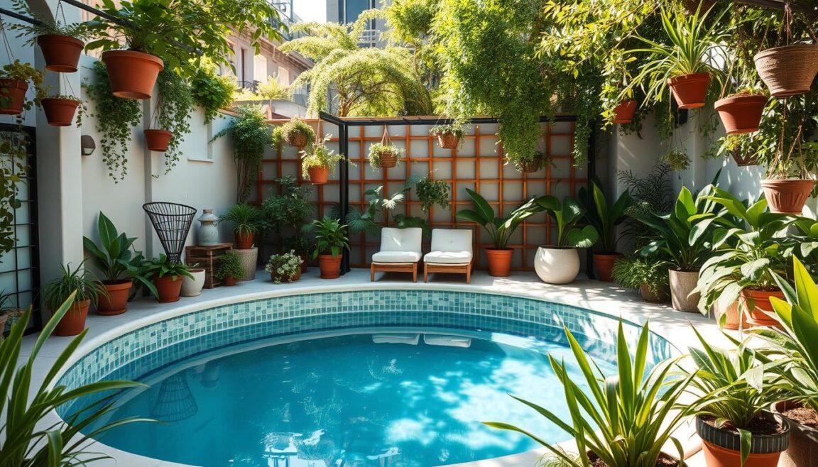 small pool landscaping ideas with vertical gardens and space-saving decor