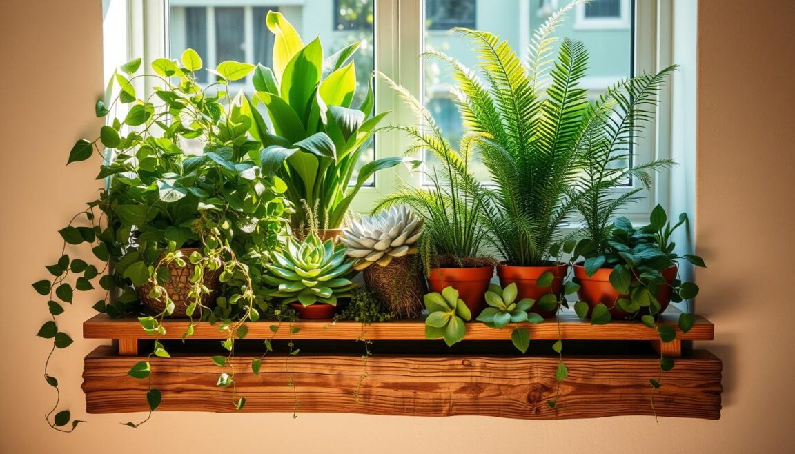 indoor plants on window shelf