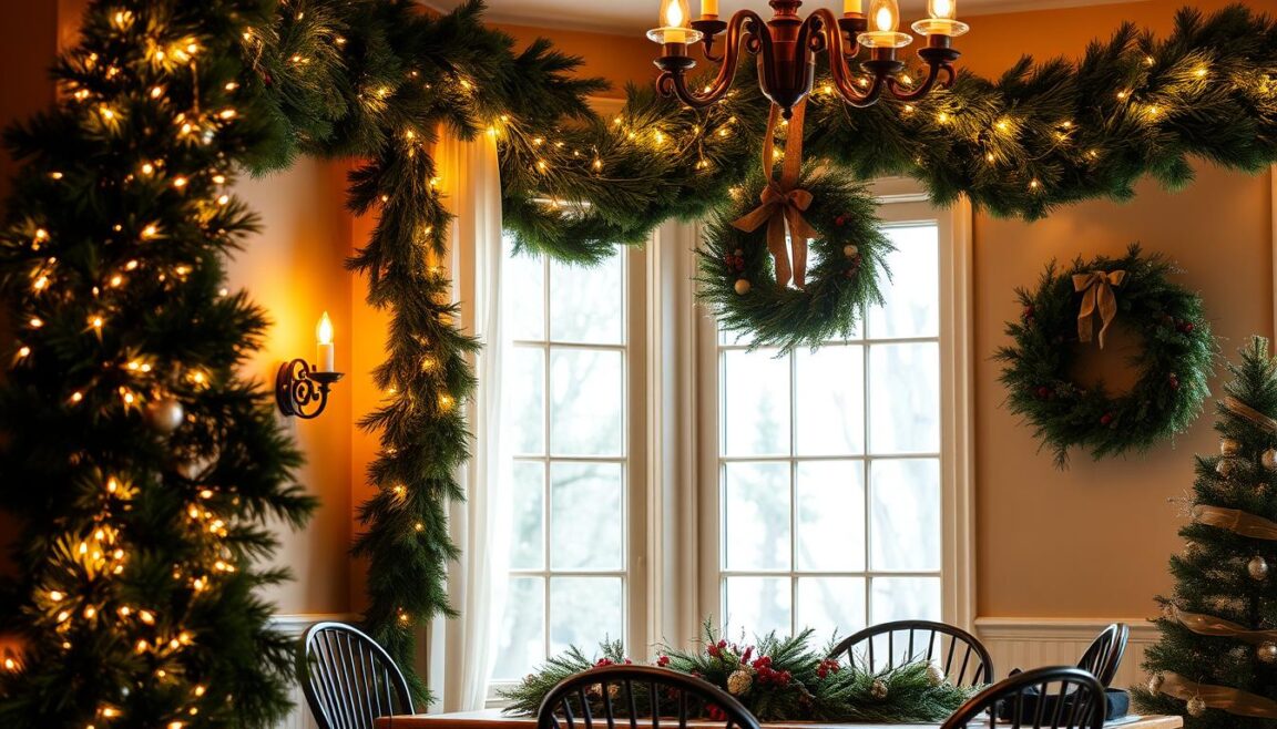 Christmas garlands and wreaths decorating dining room
